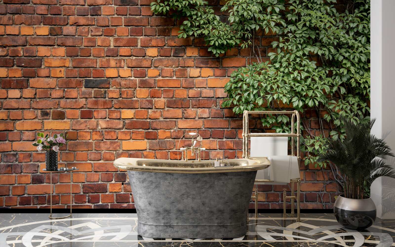 Fotobehang De muur is bedolven onder groene klimop