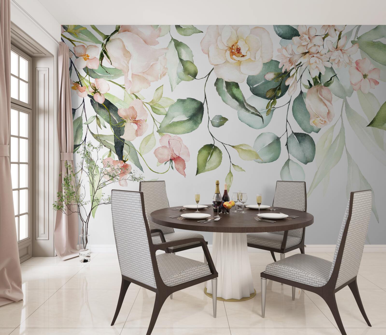 Fotobehang tropische bloemen met bladeren in groene tinten