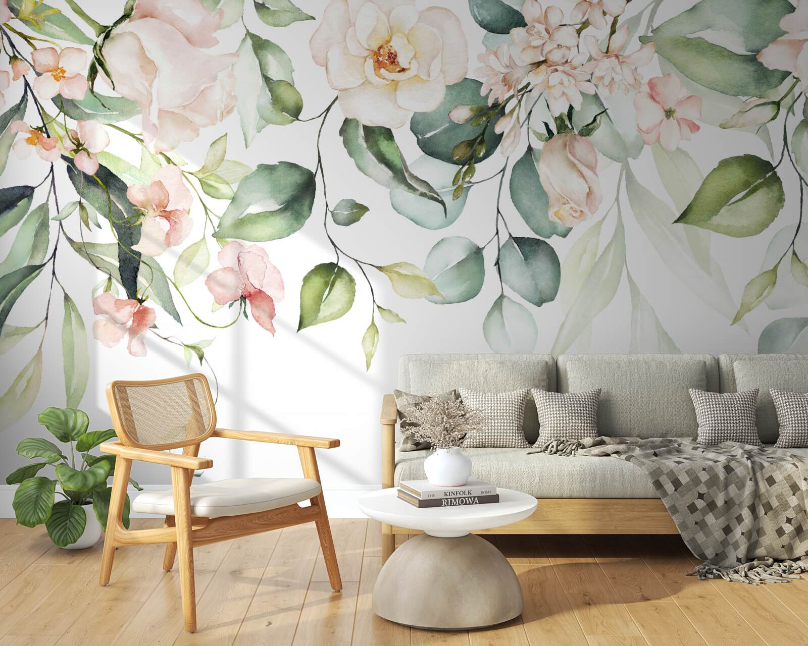 Fotobehang tropische bloemen met bladeren in groene tinten