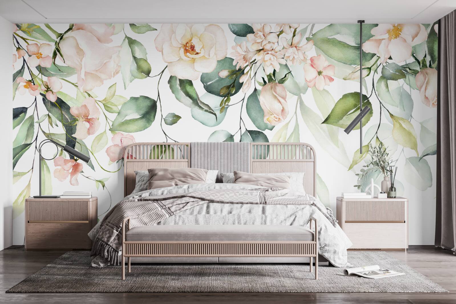 Fotobehang tropische bloemen met bladeren in groene tinten