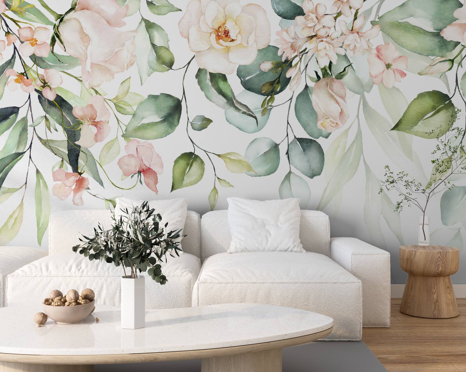 Fotobehang tropische bloemen met bladeren in groene tinten