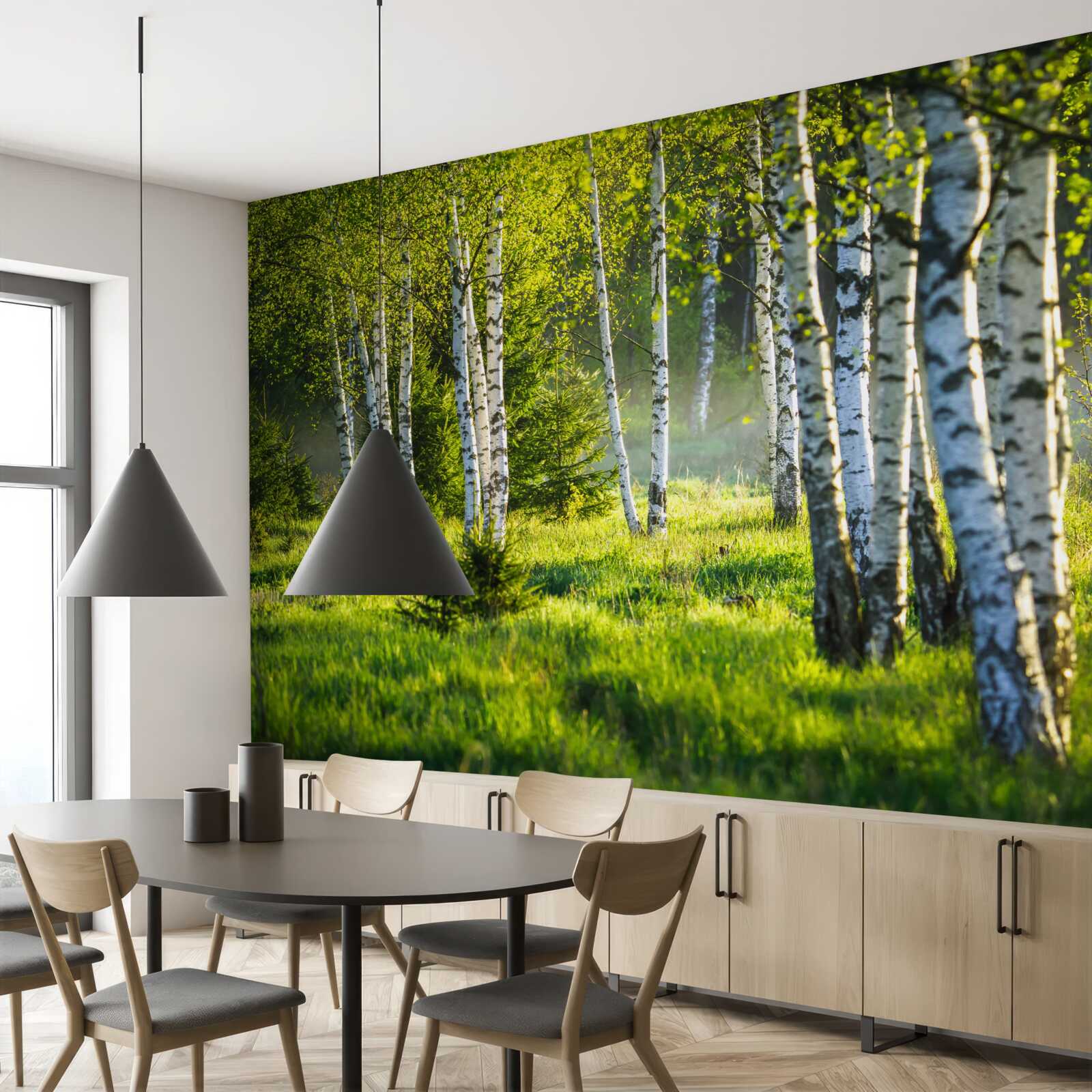 Fotobehang Weiden versierd met majestueuze berkenbomen zijn felgroen geschilderd