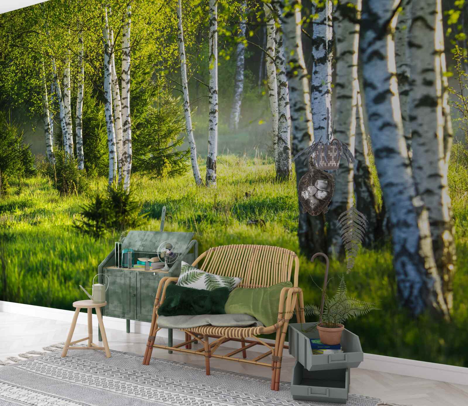 Fotobehang Weiden versierd met majestueuze berkenbomen zijn felgroen geschilderd