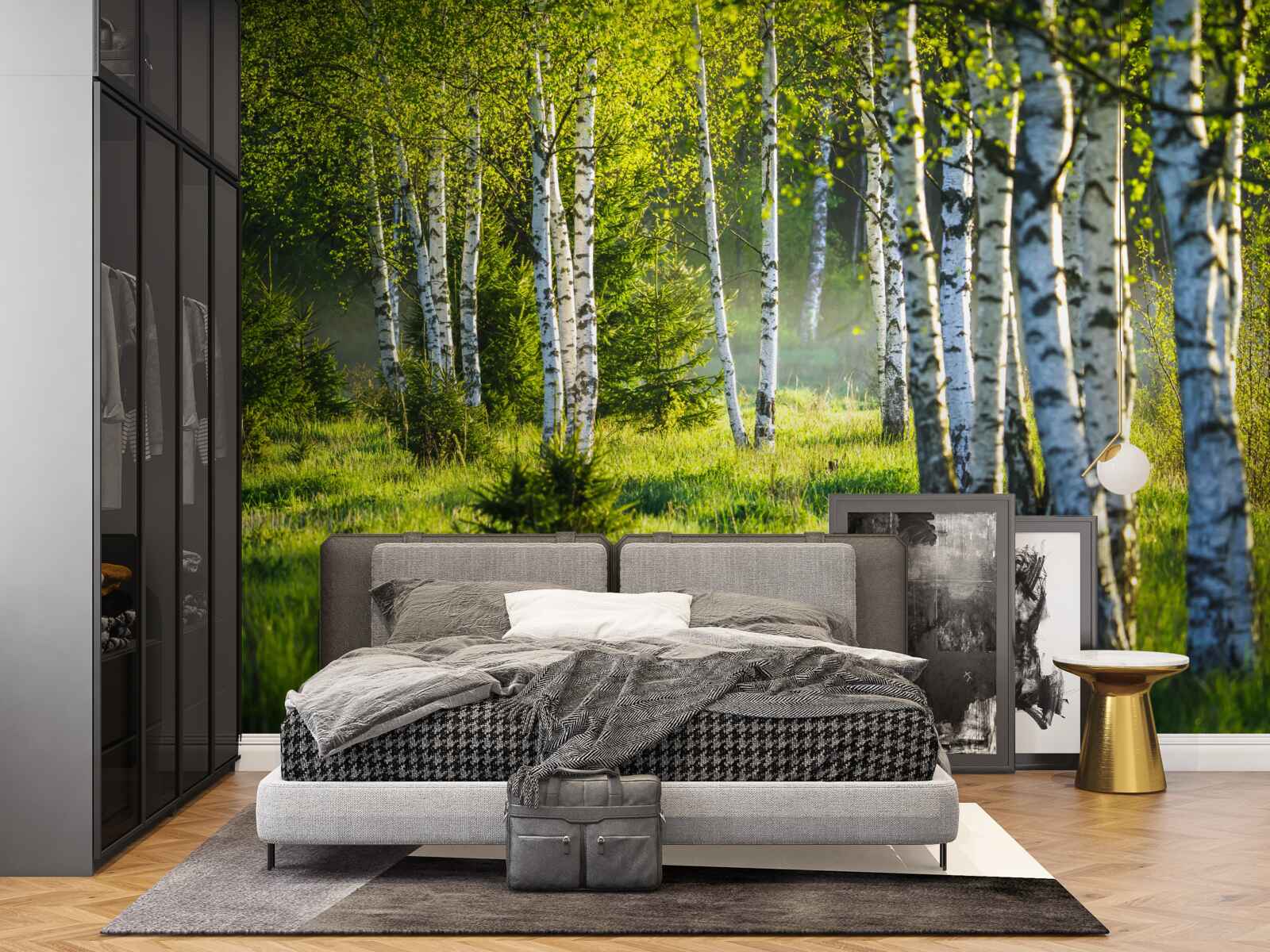 Fotobehang Weiden versierd met majestueuze berkenbomen zijn felgroen geschilderd