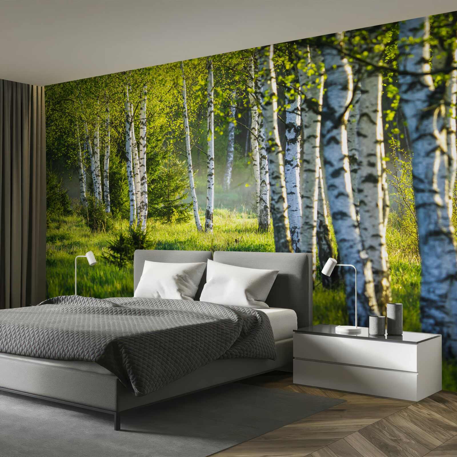 Fotobehang Weiden versierd met majestueuze berkenbomen zijn felgroen geschilderd