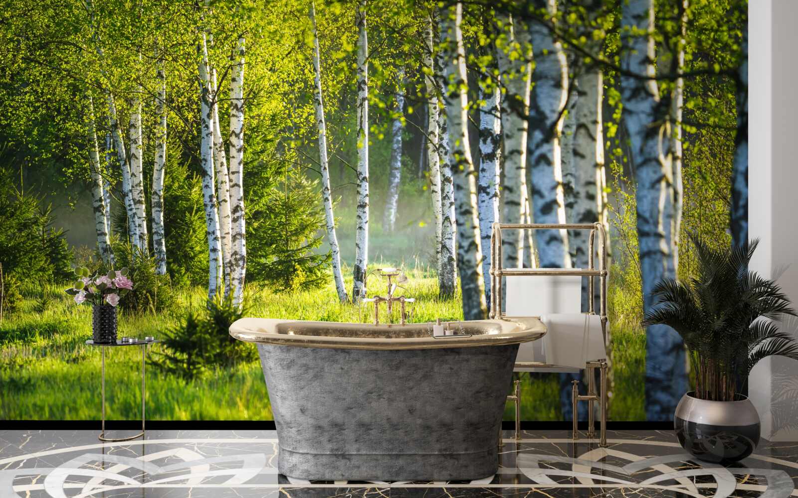 Fotobehang Weiden versierd met majestueuze berkenbomen zijn felgroen geschilderd