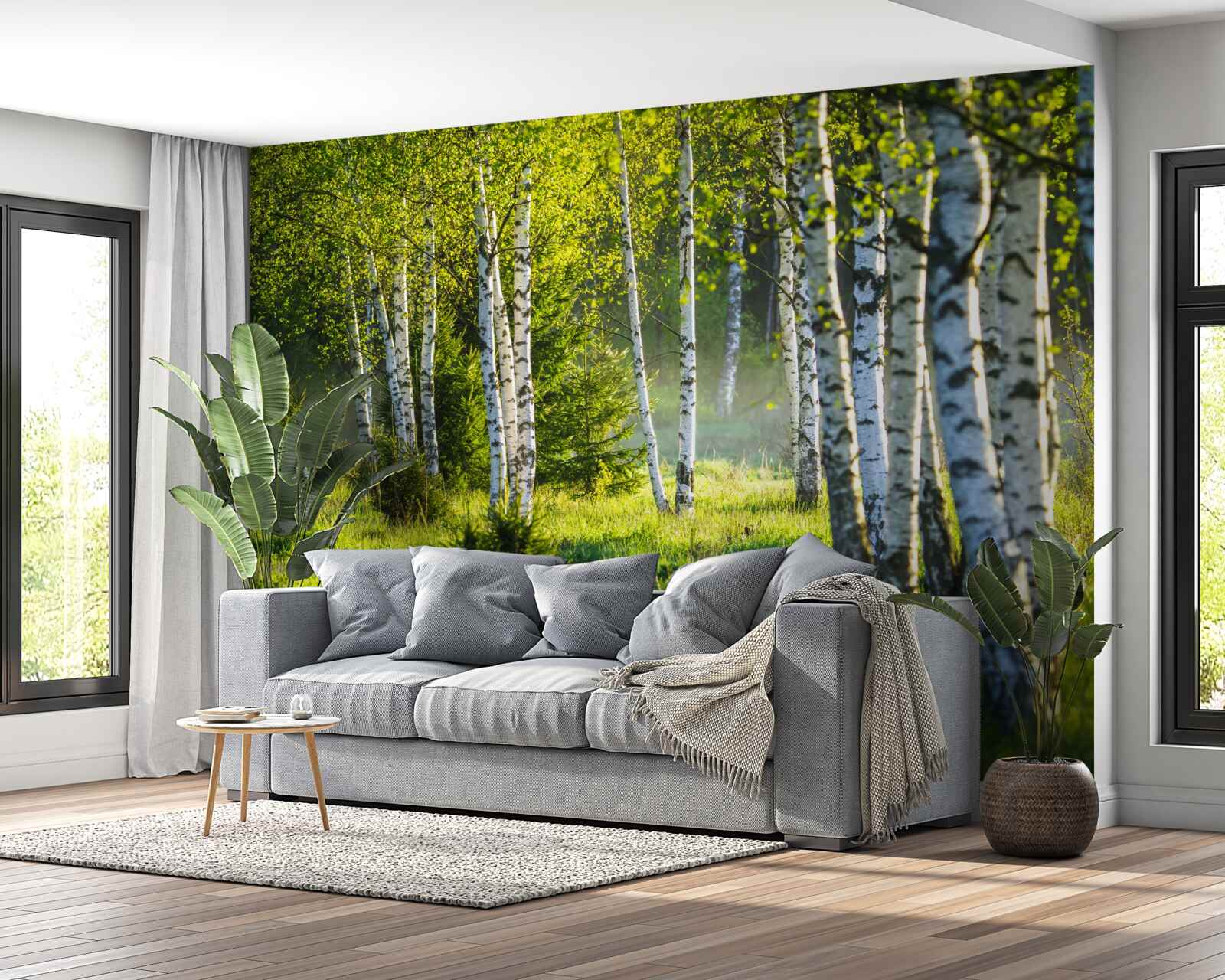 Fotobehang Weiden versierd met majestueuze berkenbomen zijn felgroen geschilderd