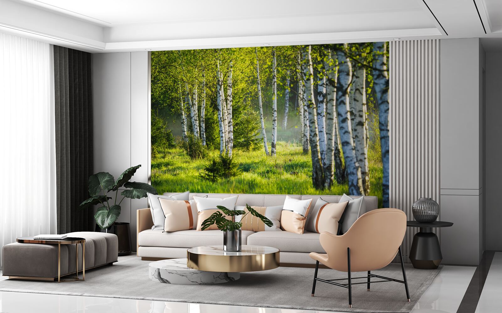 Fotobehang Weiden versierd met majestueuze berkenbomen zijn felgroen geschilderd