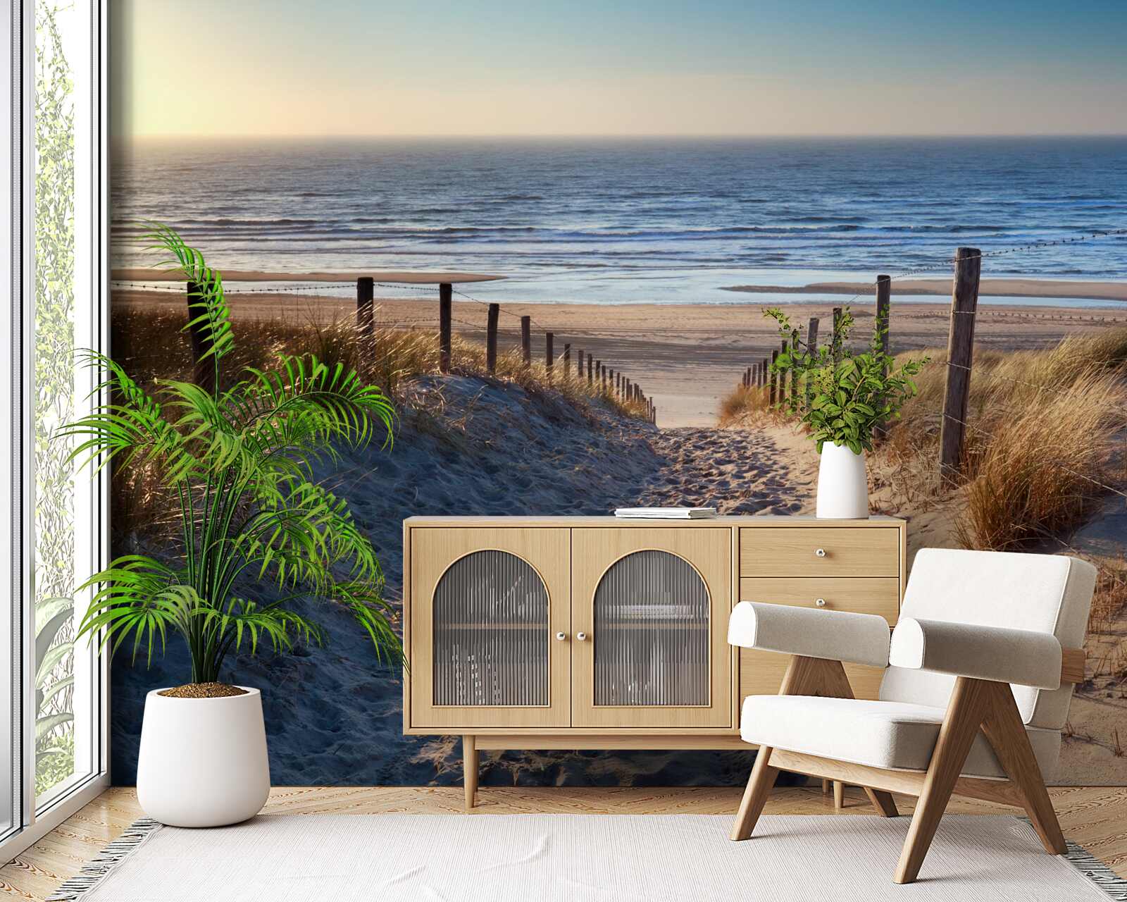 Fotobehang kalme oceaan en strand met fijn zand