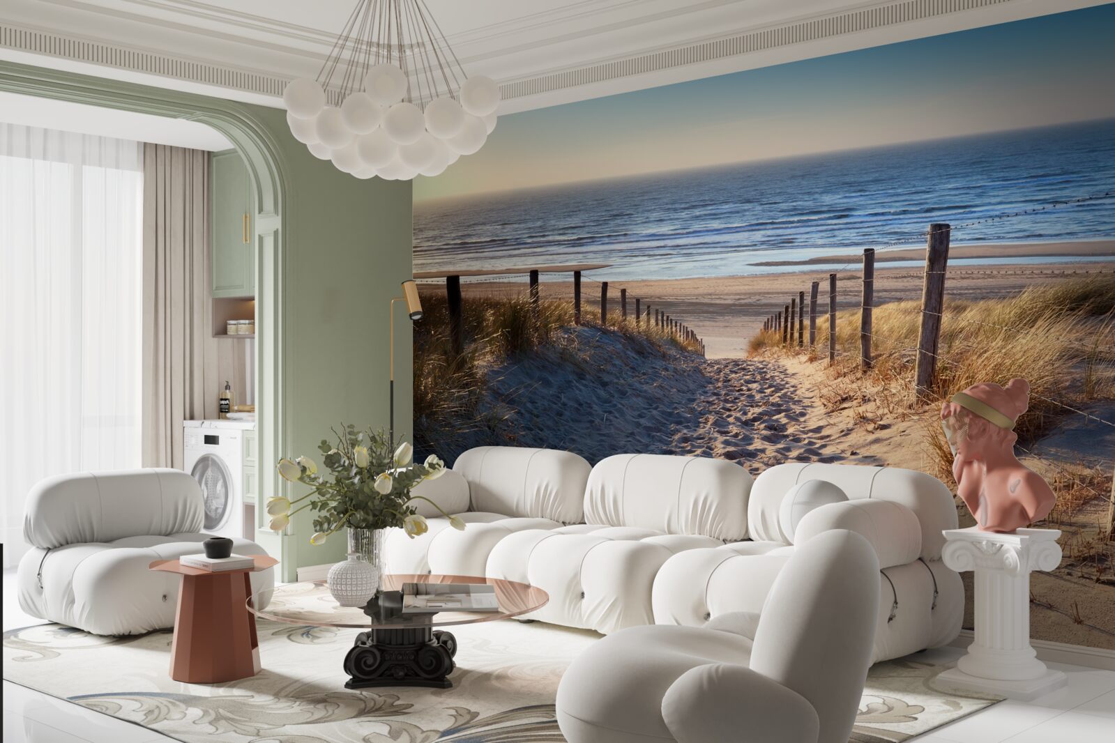 Fotobehang kalme oceaan en strand met fijn zand