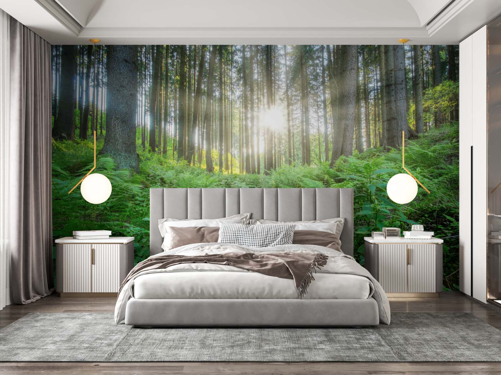 Fotobehang de zonnestralen dringen door het dichte bos