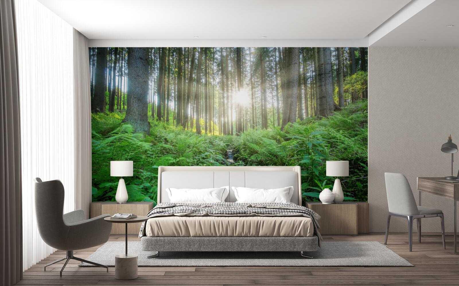 Fotobehang de zonnestralen dringen door het dichte bos