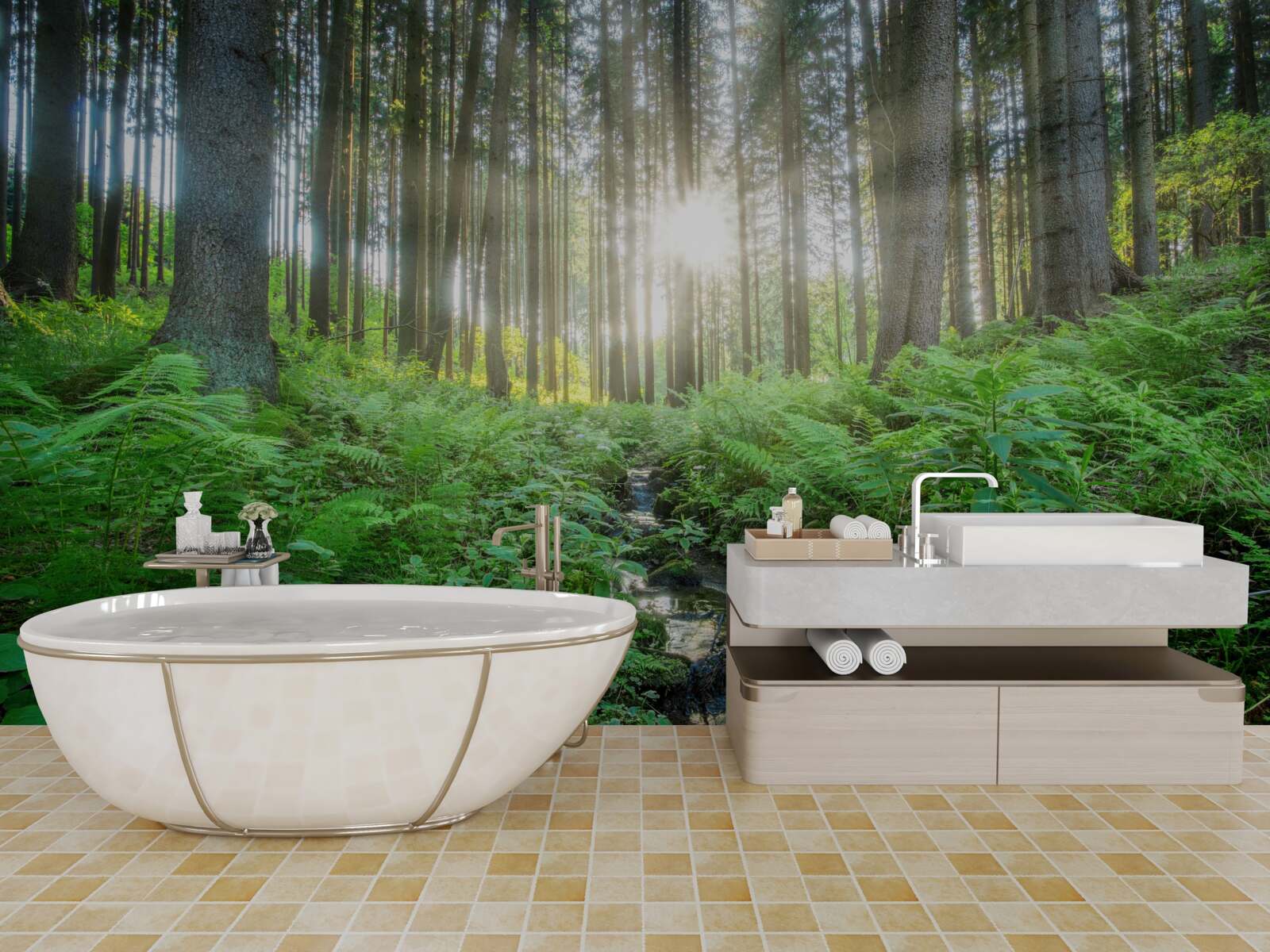 Fotobehang de zonnestralen dringen door het dichte bos