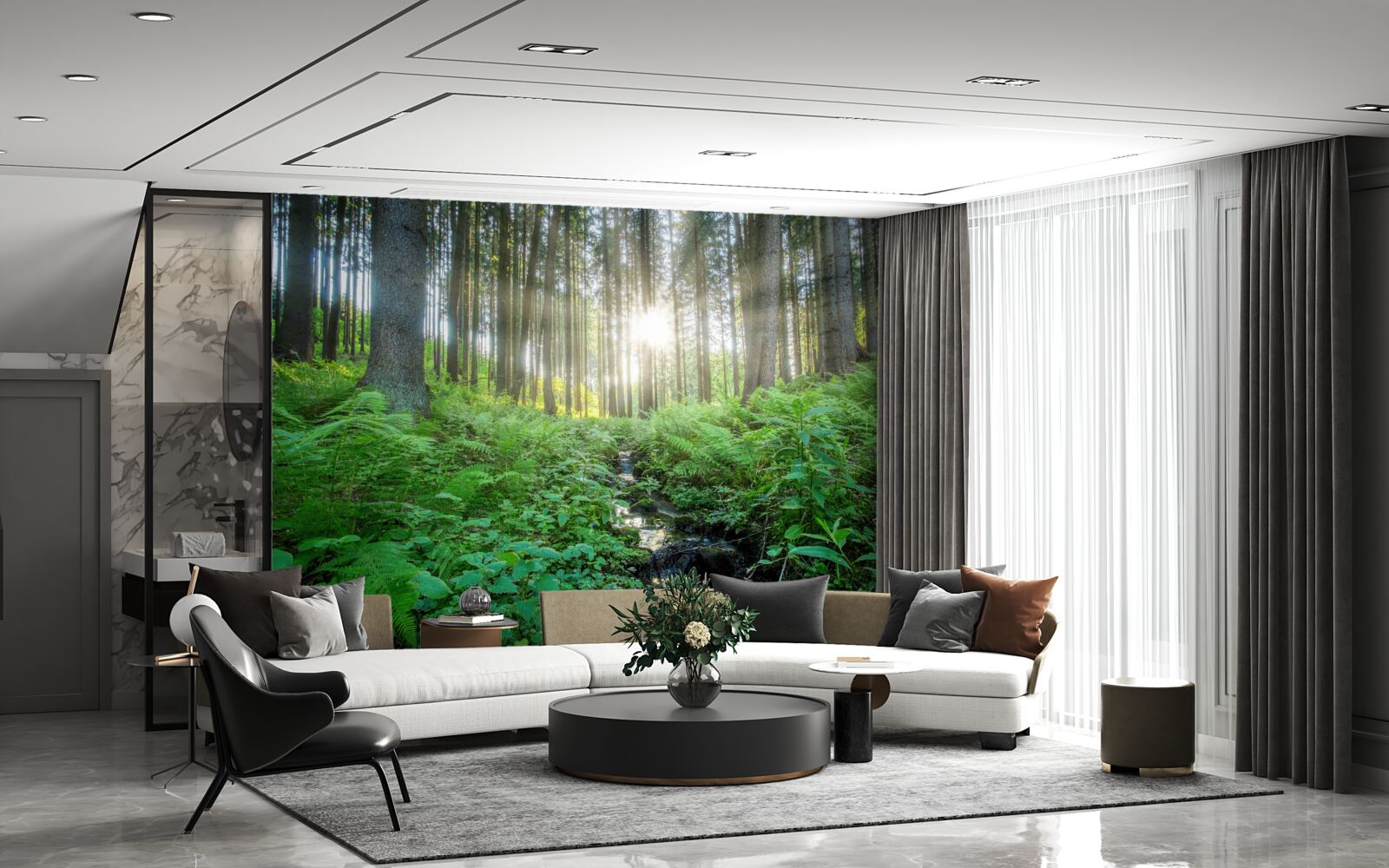 Fotobehang de zonnestralen dringen door het dichte bos