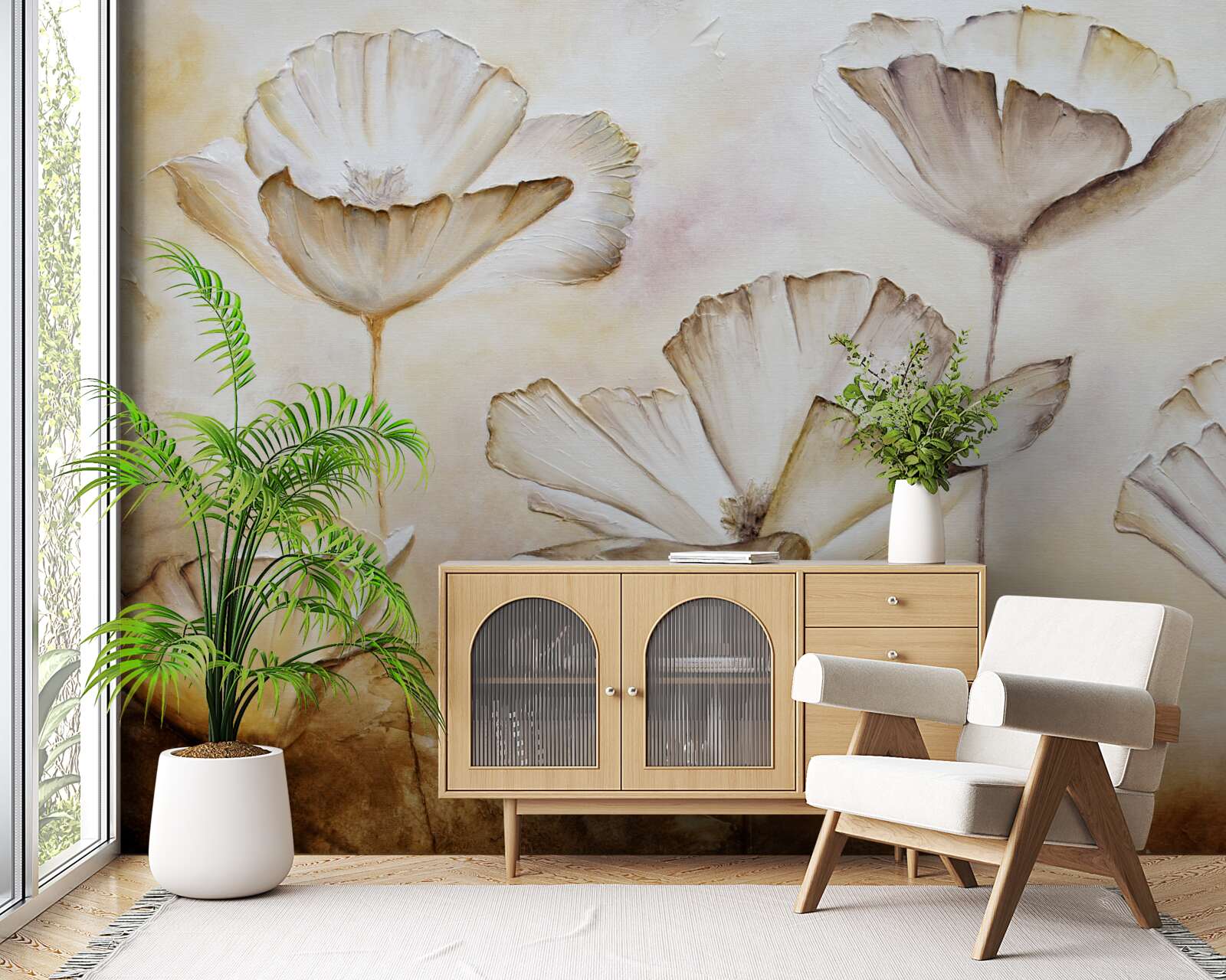 Fotobehang klaprozen zijn delicaat wit op een bruine achtergrond