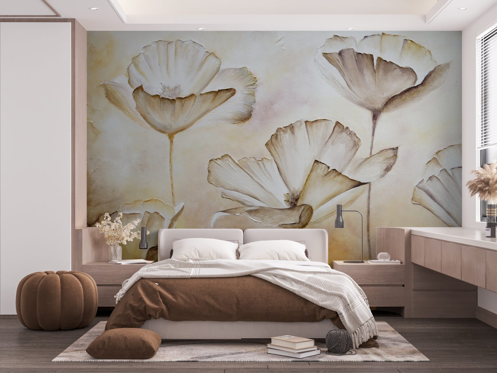 Fotobehang klaprozen zijn delicaat wit op een bruine achtergrond