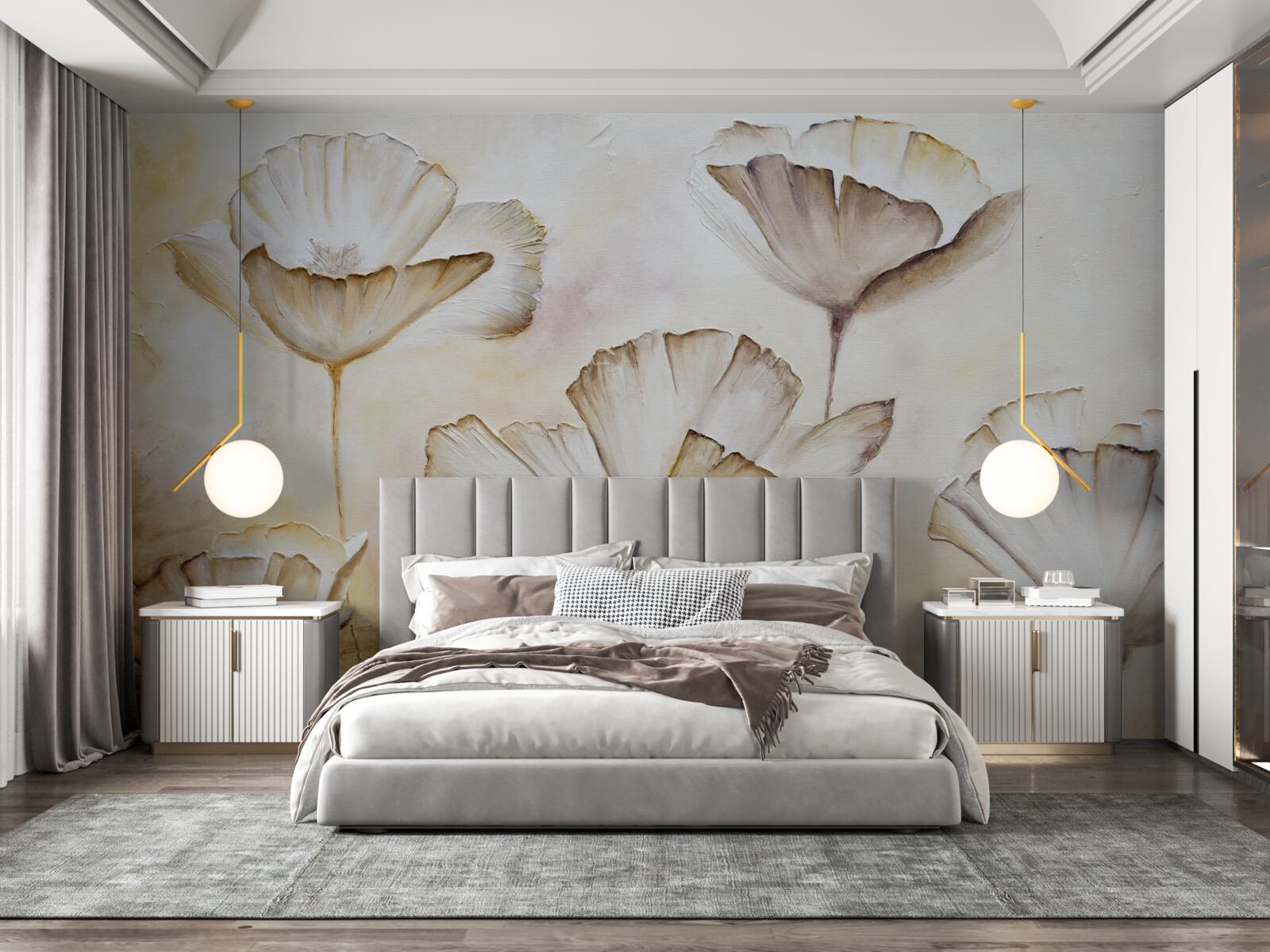 Fotobehang klaprozen zijn delicaat wit op een bruine achtergrond