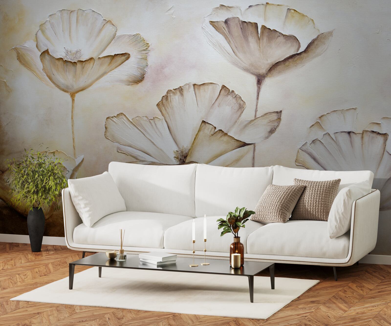 Fotobehang klaprozen zijn delicaat wit op een bruine achtergrond