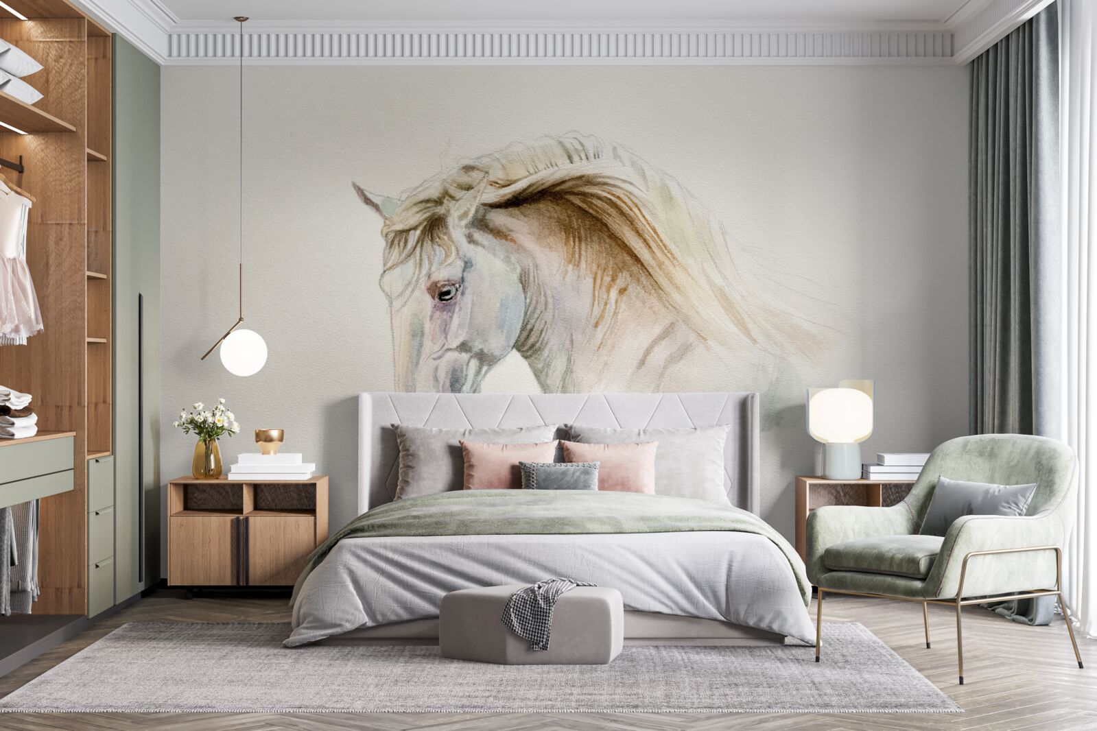 Fotobehang wit paard in beweging