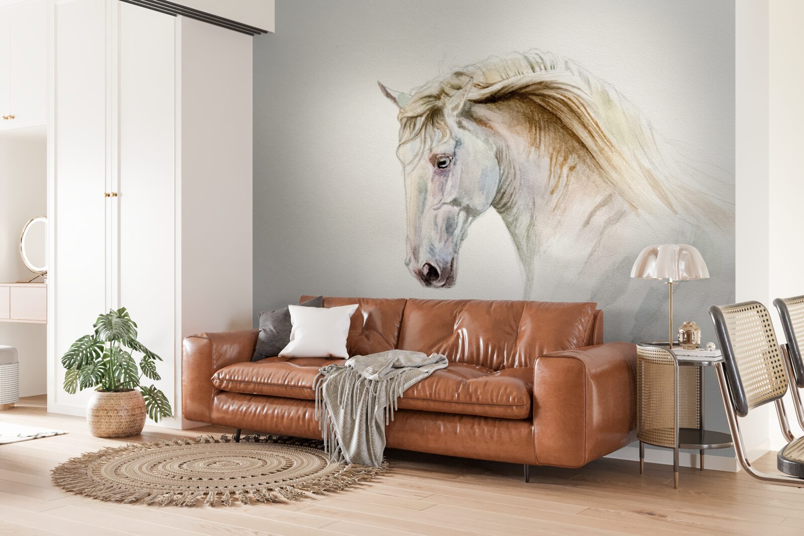 Fotobehang wit paard in beweging