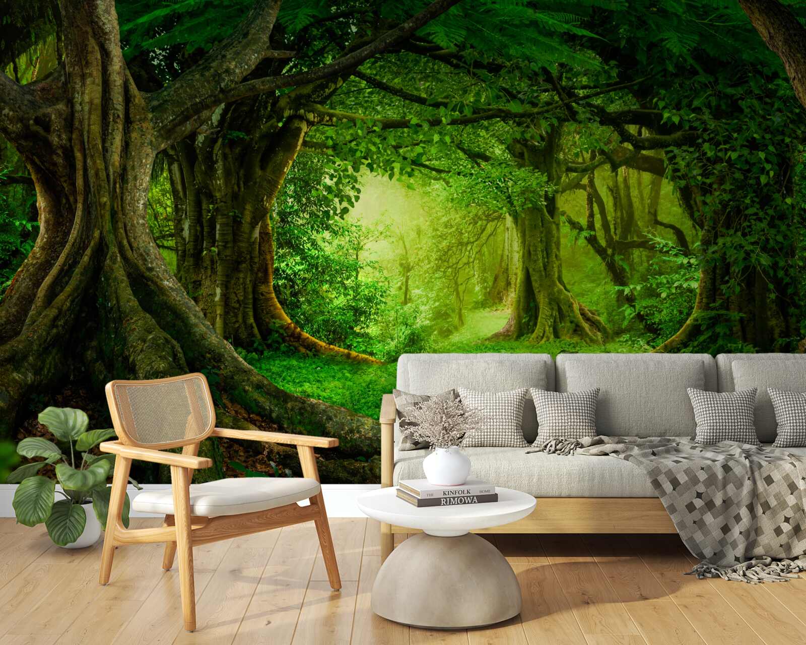 Fotobehang oude bomen in een groen struikgewas