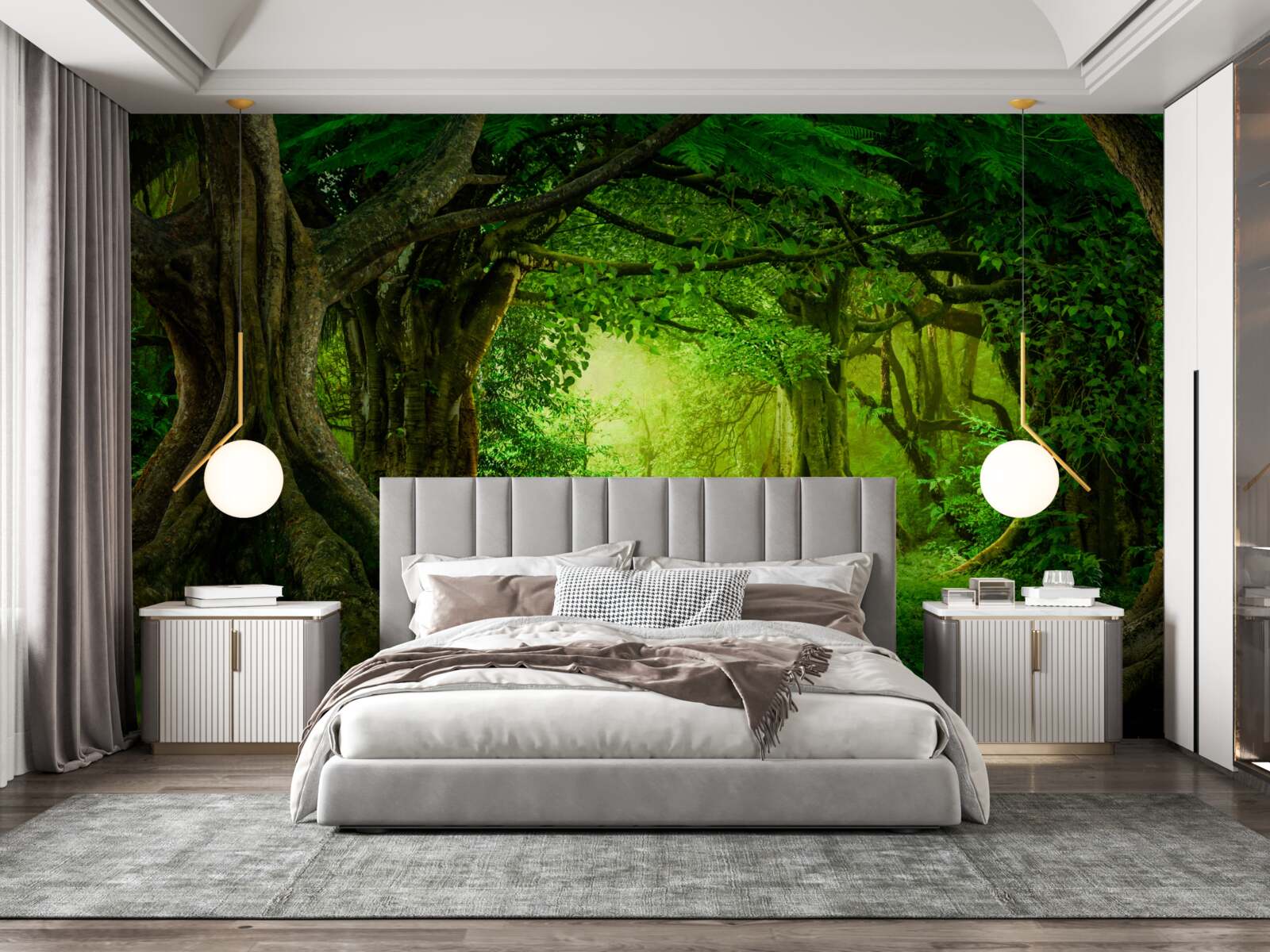 Fotobehang oude bomen in een groen struikgewas