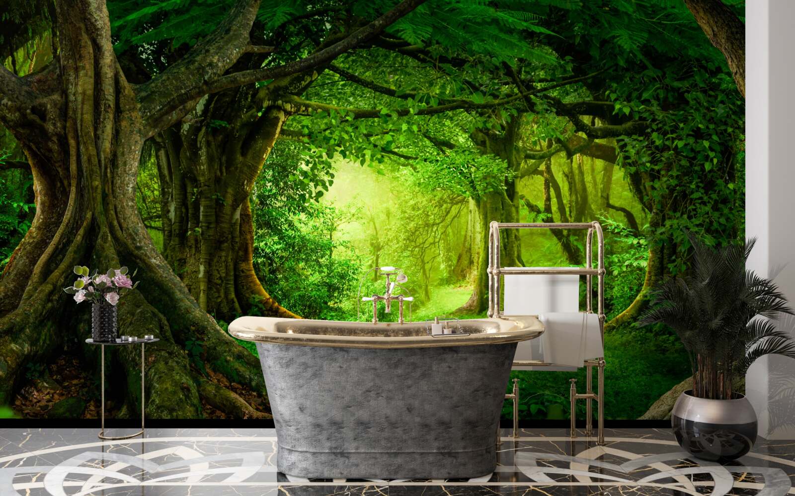 Fotobehang oude bomen in een groen struikgewas