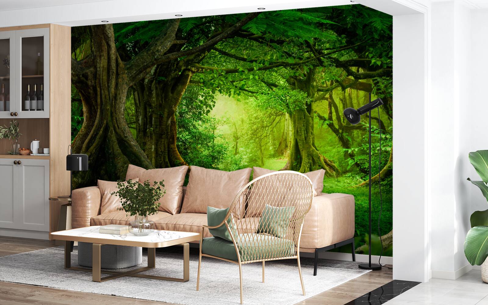 Fotobehang oude bomen in een groen struikgewas