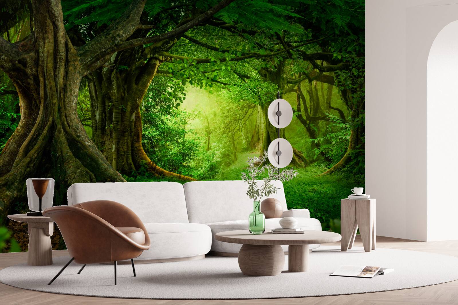 Fotobehang oude bomen in een groen struikgewas