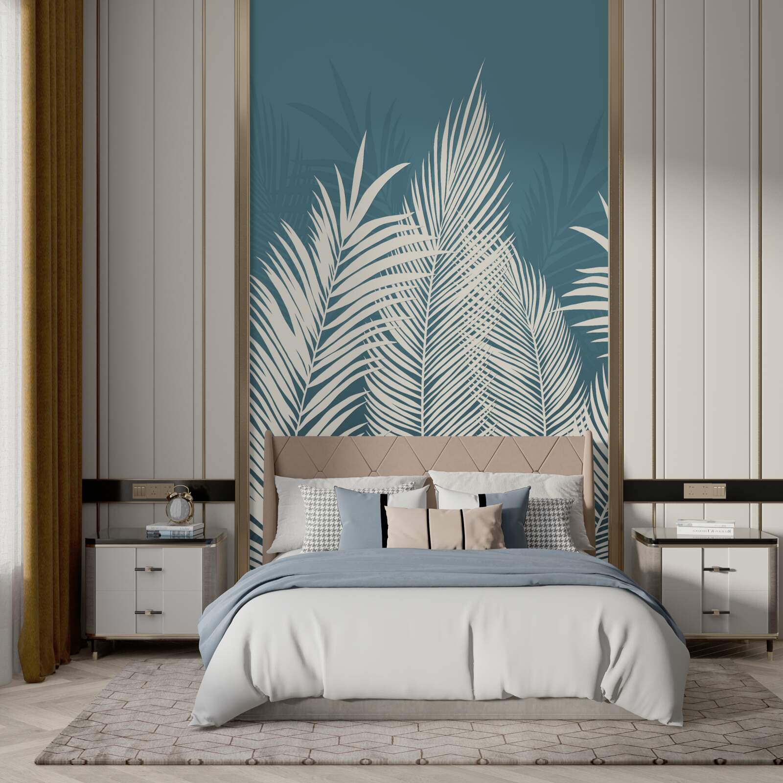 Fotobehang witte donzen dekens op een blauwe achtergrond