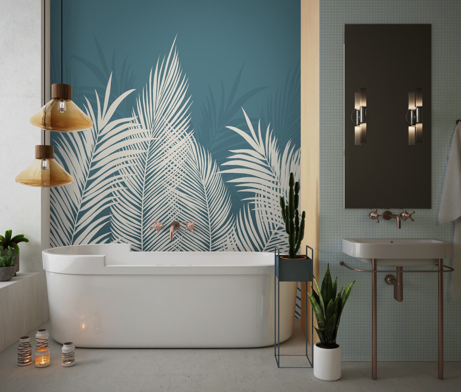 Fotobehang witte donzen dekens op een blauwe achtergrond