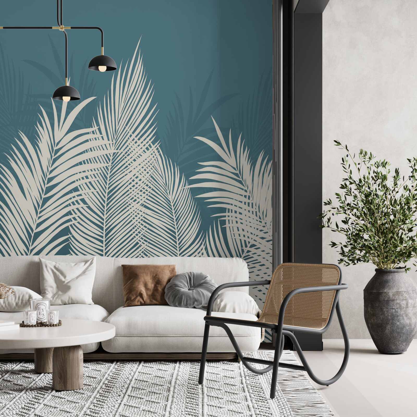 Fotobehang witte donzen dekens op een blauwe achtergrond