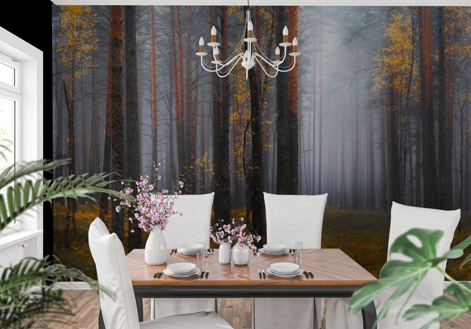 Fotobehang dichte mist omhult het bos