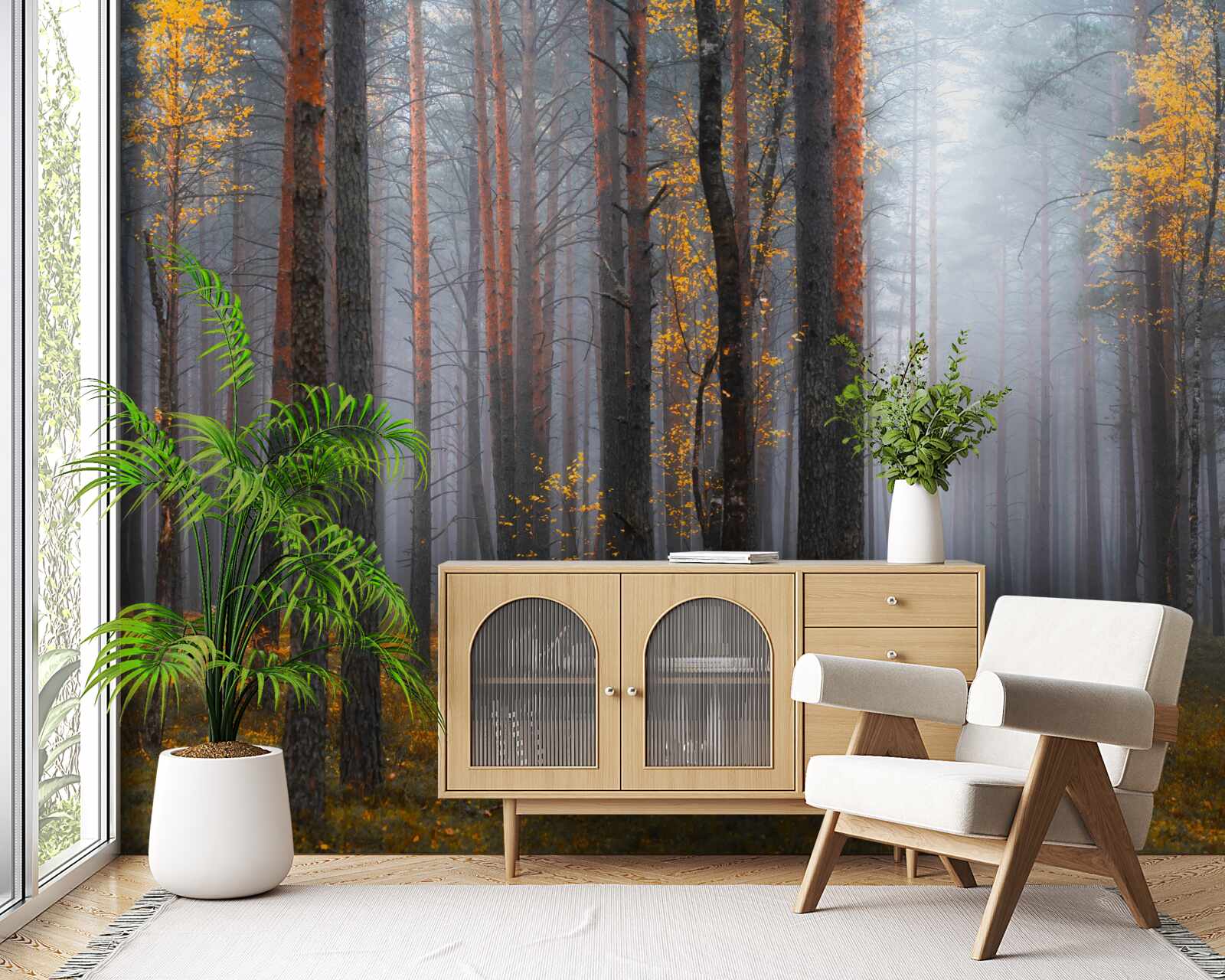 Fotobehang dichte mist omhult het bos