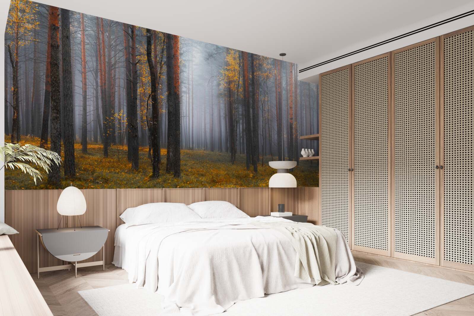 Fotobehang dichte mist omhult het bos