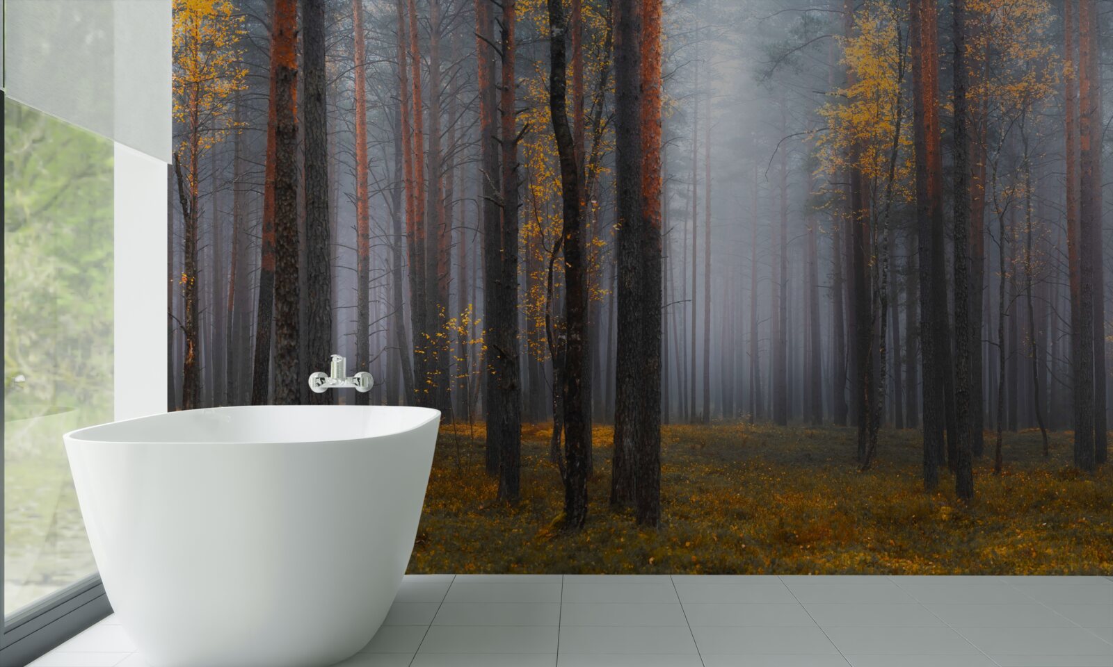 Fotobehang dichte mist omhult het bos