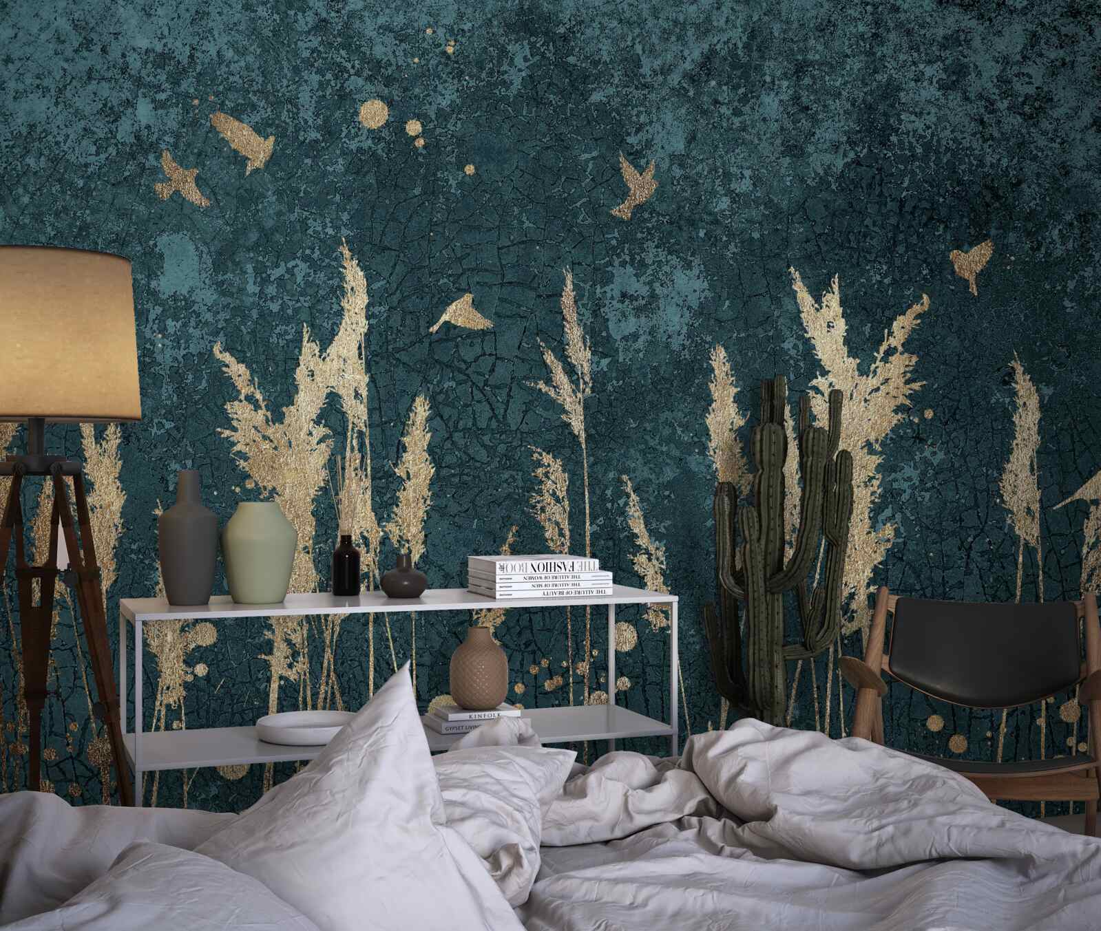 Fotobehang 's avonds vliegen de vogels over de weilanden