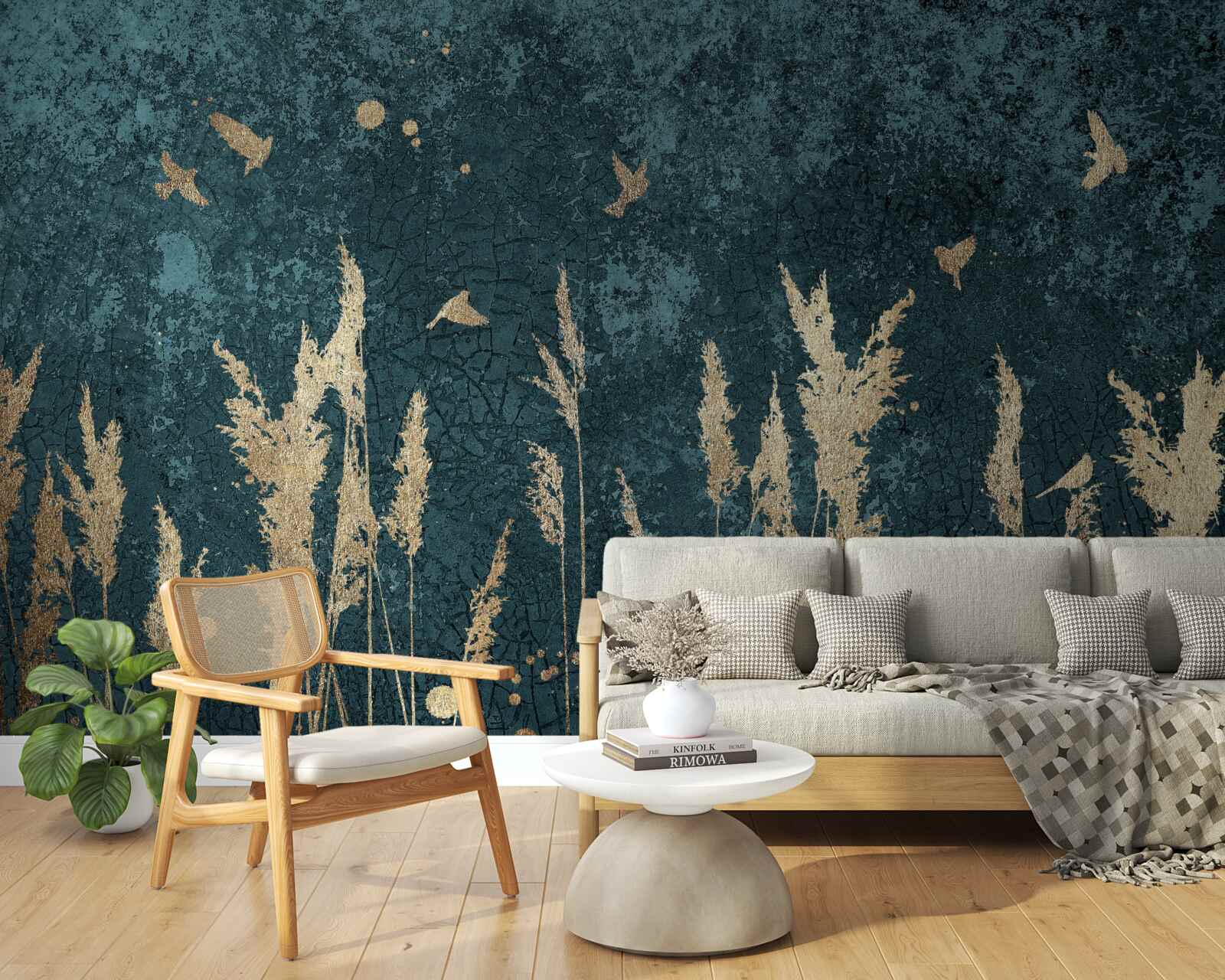 Fotobehang 's avonds vliegen de vogels over de weilanden