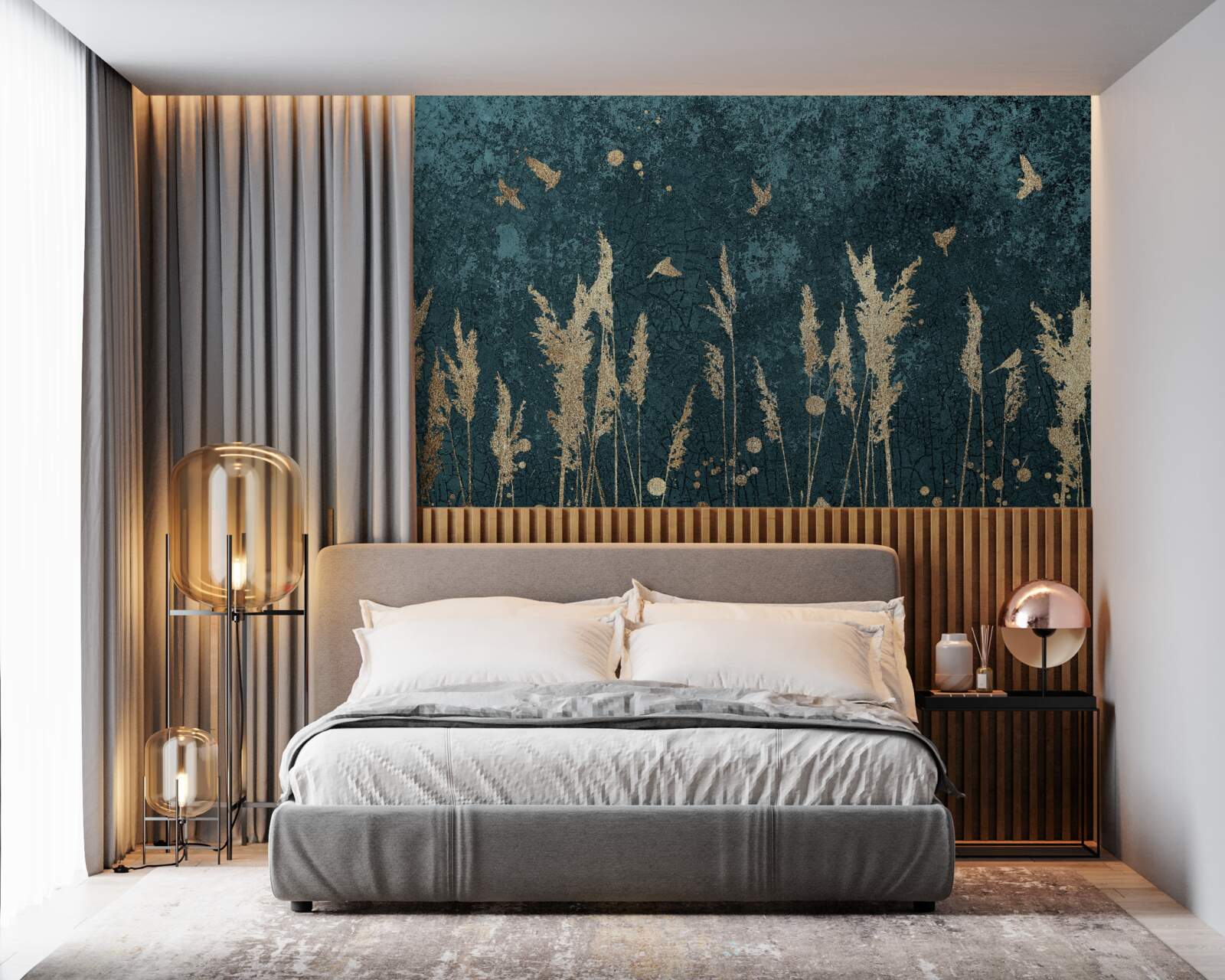 Fotobehang 's avonds vliegen de vogels over de weilanden