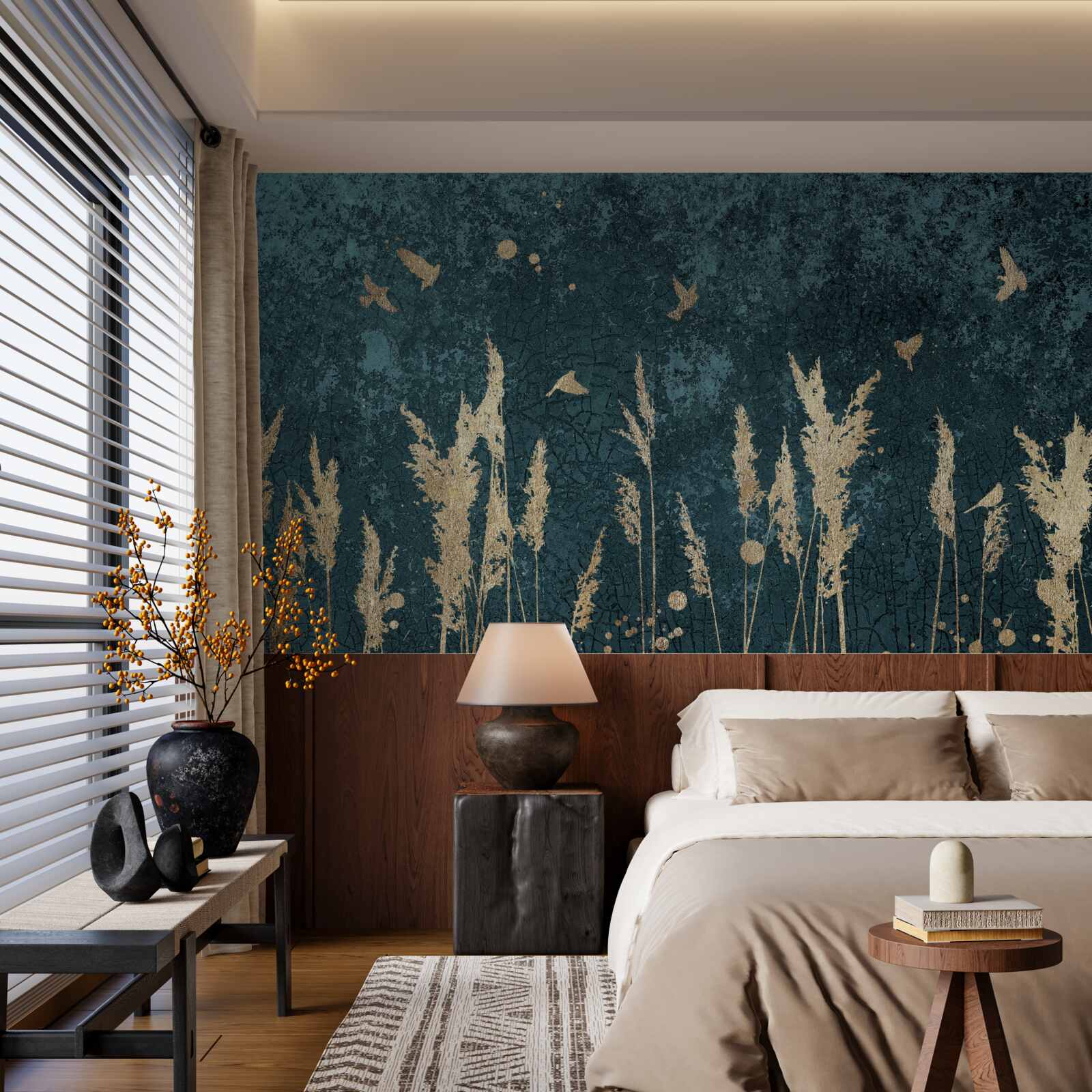 Fotobehang 's avonds vliegen de vogels over de weilanden