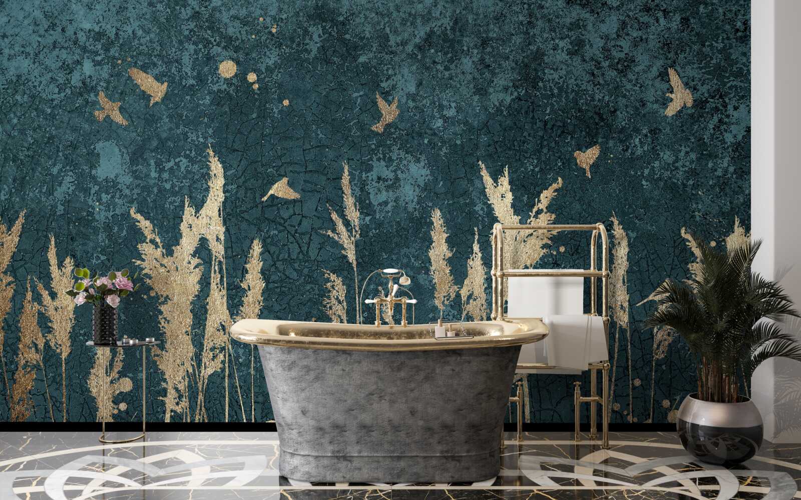 Fotobehang 's avonds vliegen de vogels over de weilanden