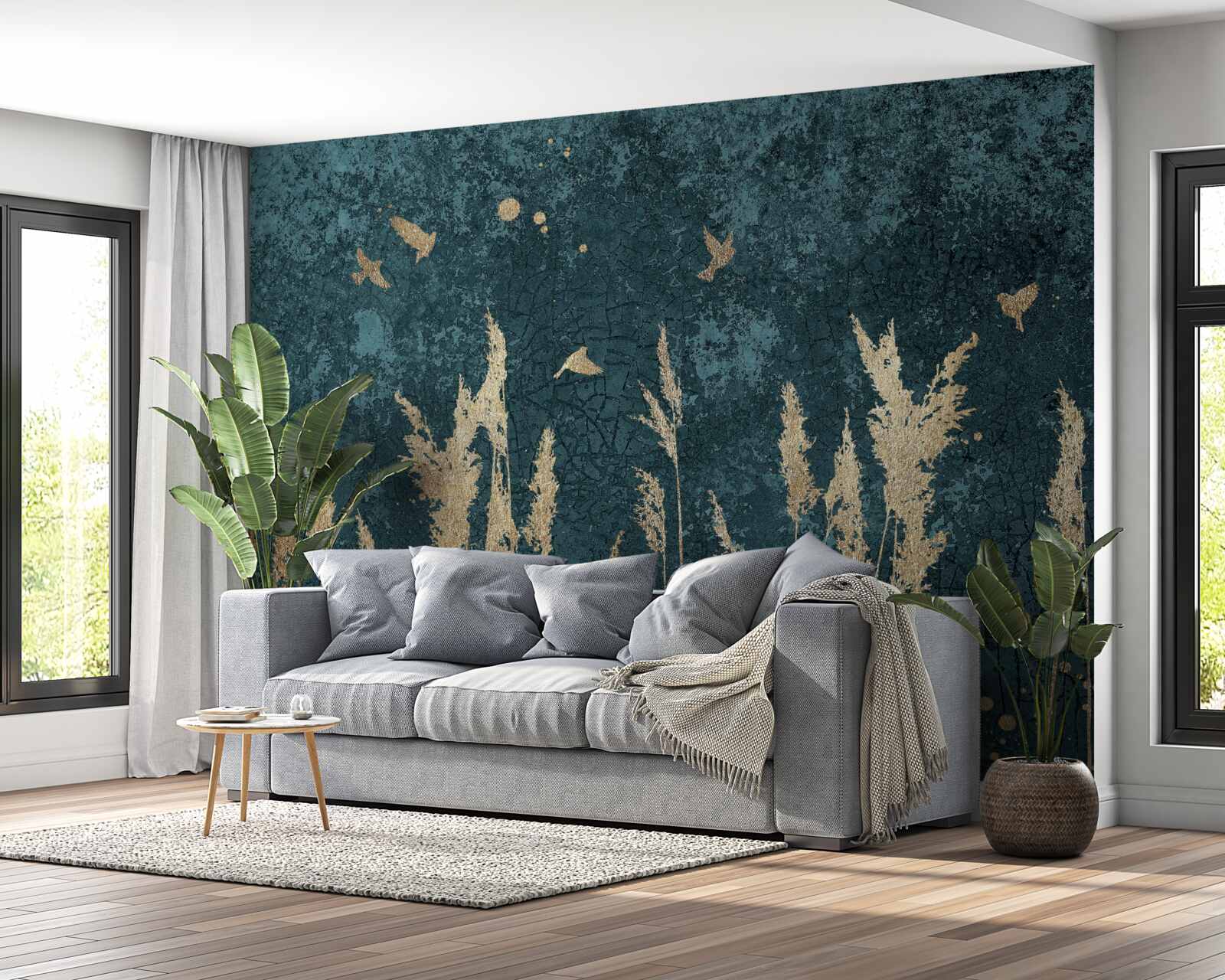 Fotobehang 's avonds vliegen de vogels over de weilanden