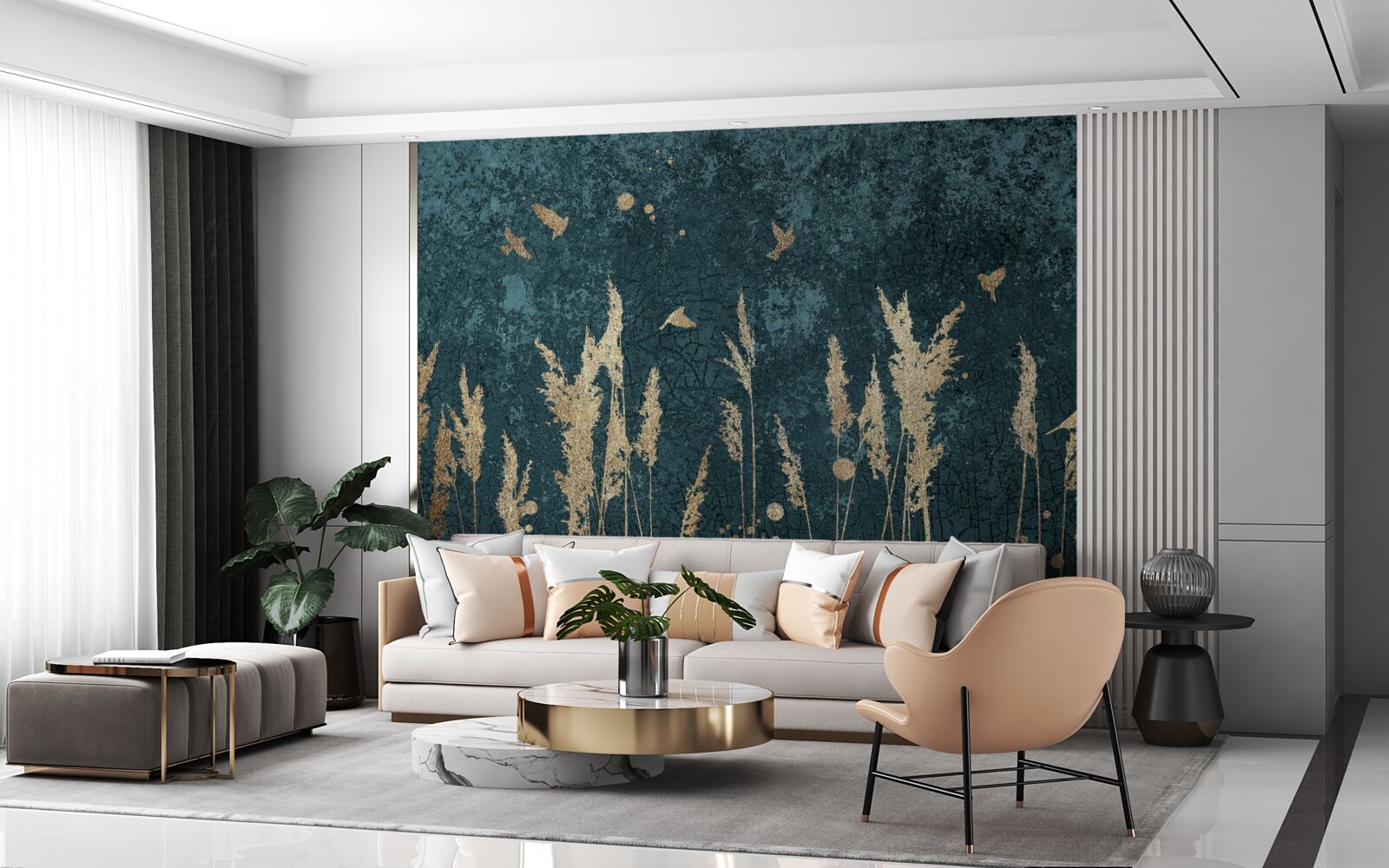 Fotobehang 's avonds vliegen de vogels over de weilanden