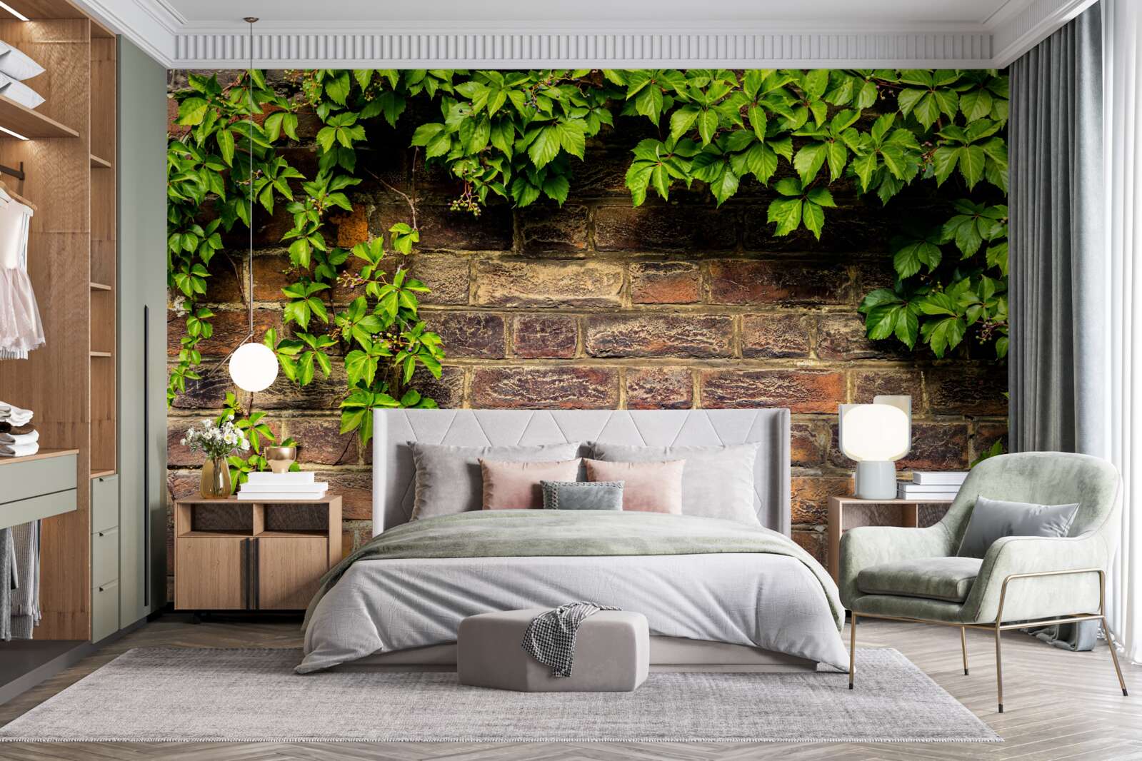 Fotobehang Bakstenen muur omwikkeld met groene planten