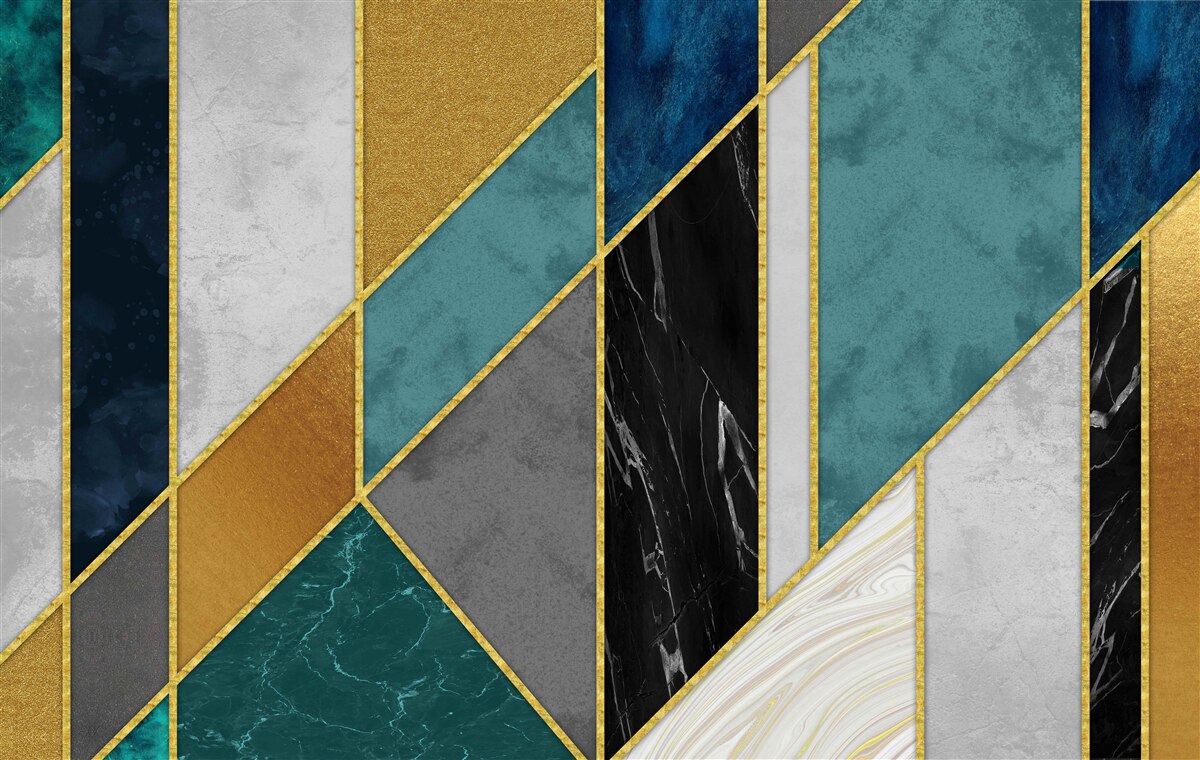 Fotobehang marmer in verschillende kleuren, afgewerkt met vergulde figuren