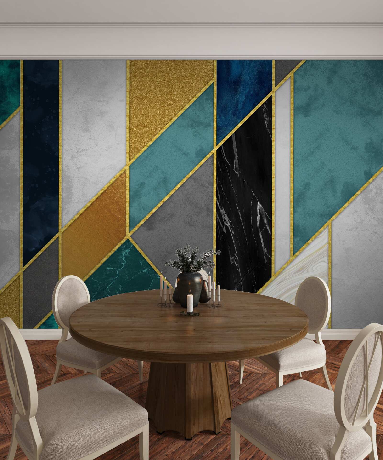 Fotobehang marmer in verschillende kleuren, afgewerkt met vergulde figuren