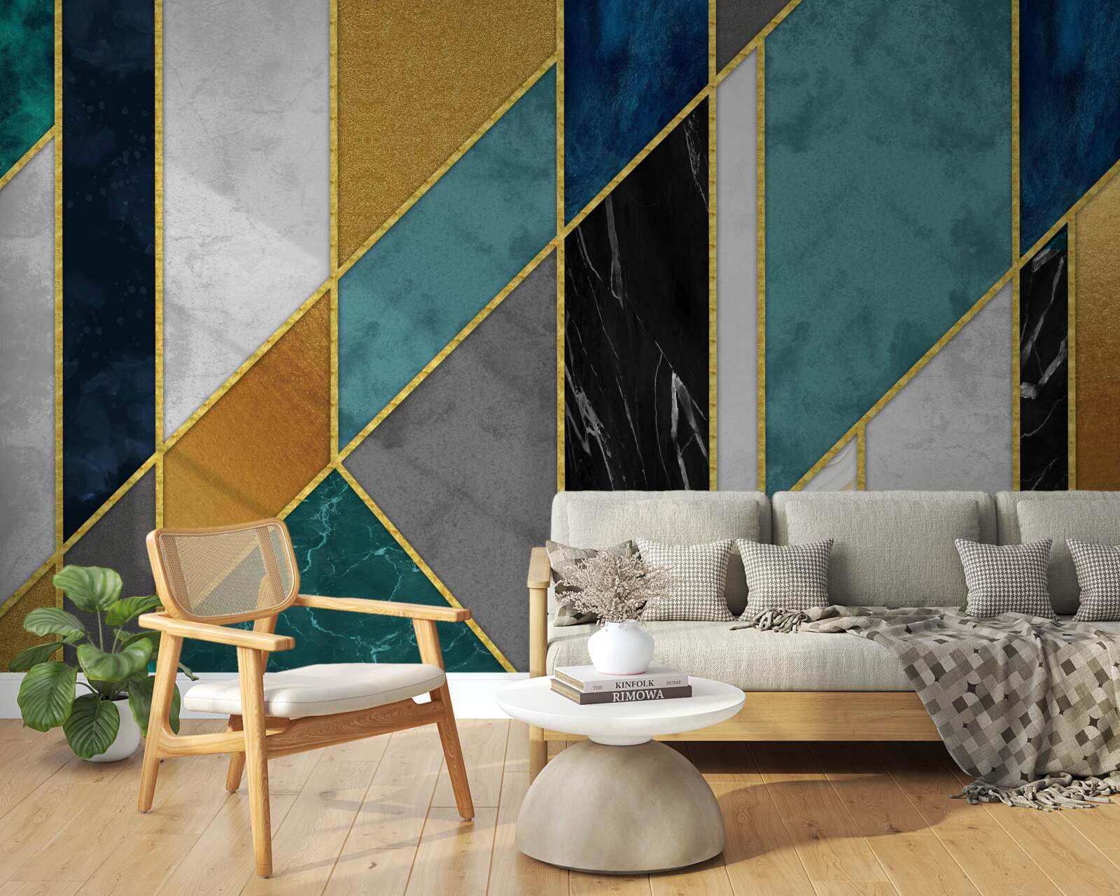 Fotobehang marmer in verschillende kleuren, afgewerkt met vergulde figuren