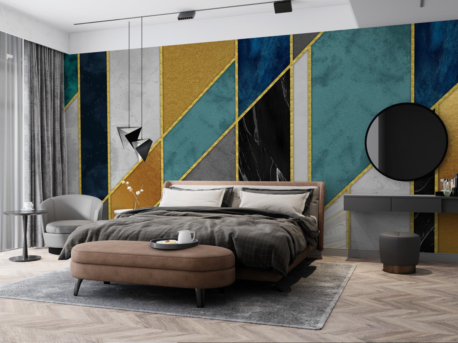 Fotobehang marmer in verschillende kleuren, afgewerkt met vergulde figuren