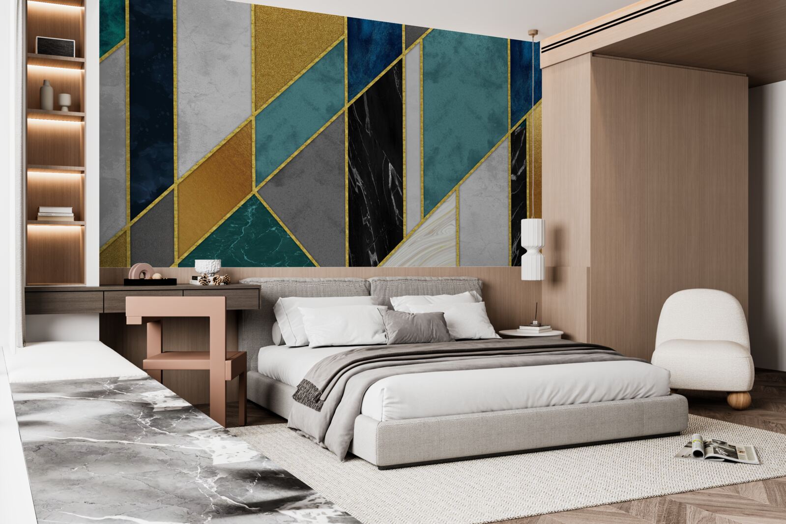 Fotobehang marmer in verschillende kleuren, afgewerkt met vergulde figuren