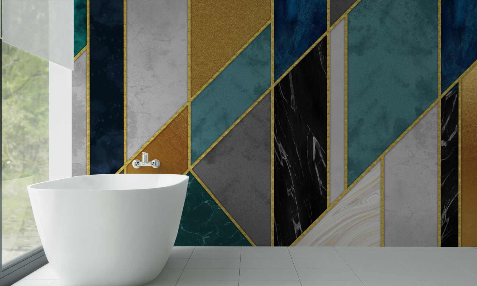 Fotobehang marmer in verschillende kleuren, afgewerkt met vergulde figuren